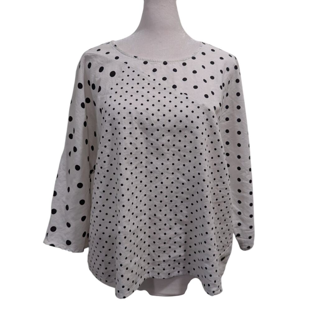 For Cynthia Linen White Polka Dot Patchwork Dolman Top Small